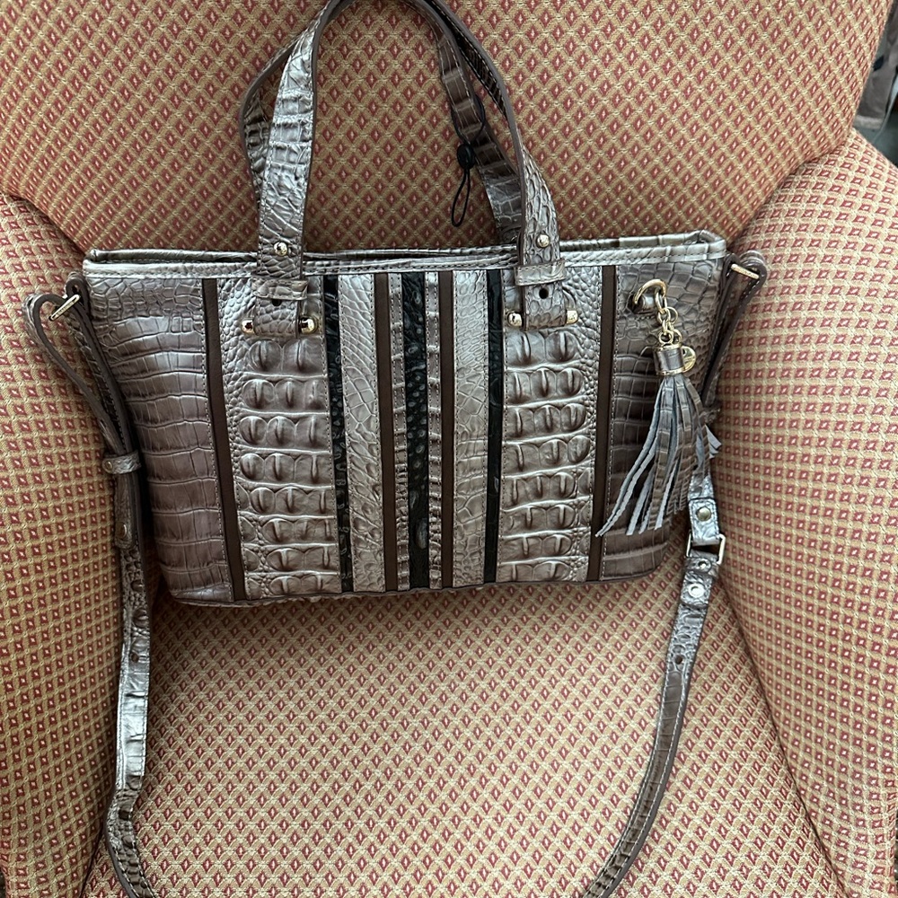 Brahmin Silver and Black Crocodile-Embossed Satchel